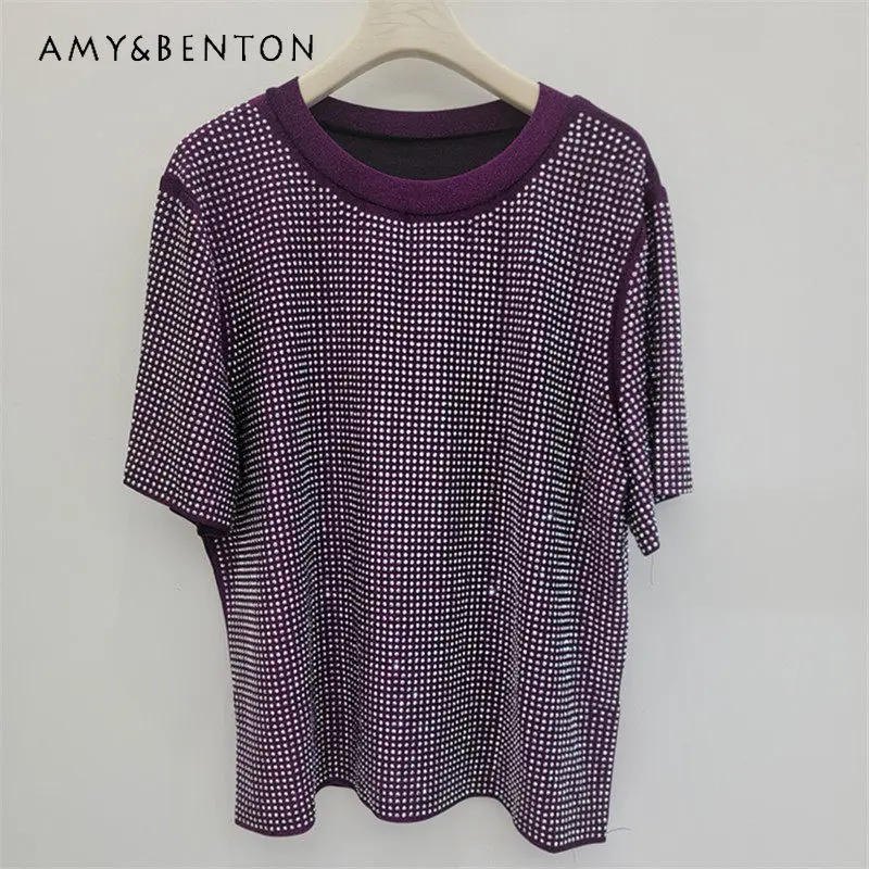 

Summer New Solid Color Hotfix Rhinestone Short-sleeved T-shirt Women's Fashion High-end Sequin Applique Structured Shoulder Tees