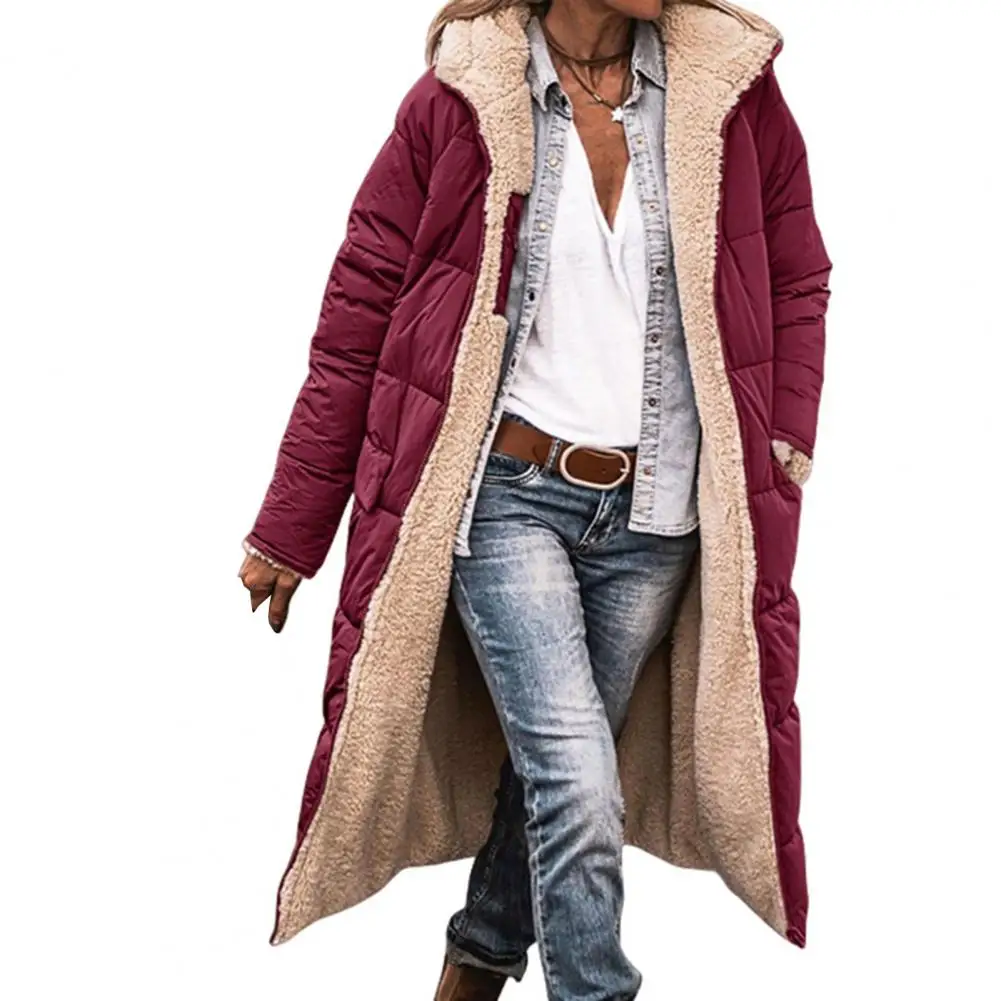 Chaqueta larga con capucha para mujer, abrigo elegante de invierno con capucha y bolsillos laterales, diseño de doble cara, corte ajustado medio