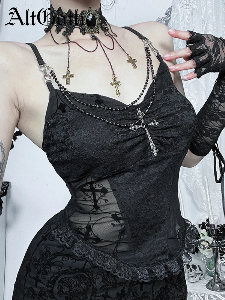 AltGoth Punk Gothic Leibchen Frauen Dark Mall Goth Y2k Streetwear Grunge Emo Sexy Spitze Patchwork Kette Abnehmbare Crop Tank Tops