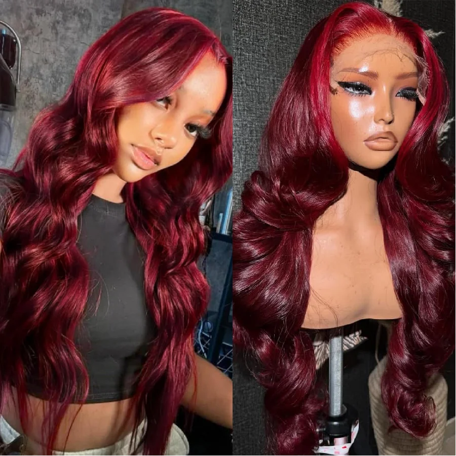 

Парик из натуральных волос 200% 99J Burgundy Body Wave с прозрачной HD-основой 13x6, красный цвет, с кружевной передней частью