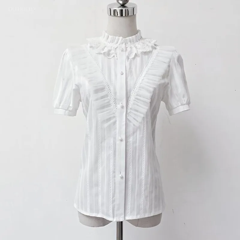 Moda Fungus Lace Women's Blouses Short Sleeve Shirts Stand Collar Blusas y2k Short Sleeve Tops Summer Bottomed Ropa Mujer