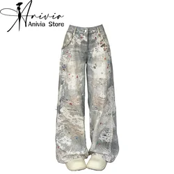 Women's Grey Baggy Jeans Y2K Decorative Diamonds  High Street Trousers Harajuku Hot Girl 2000s Style Retro Pants Jeans Clothing
