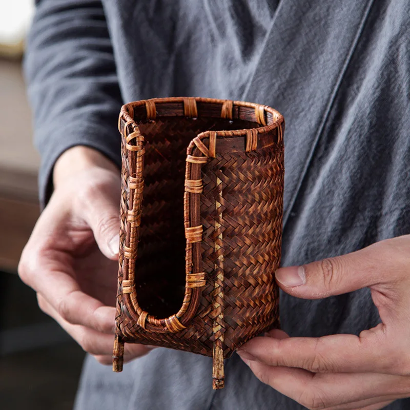 

Japanese-style Handmade Storage Basket,Household Kung Fu Tea Set Accessories Bamboo Woven Tea Cup Storage Box,