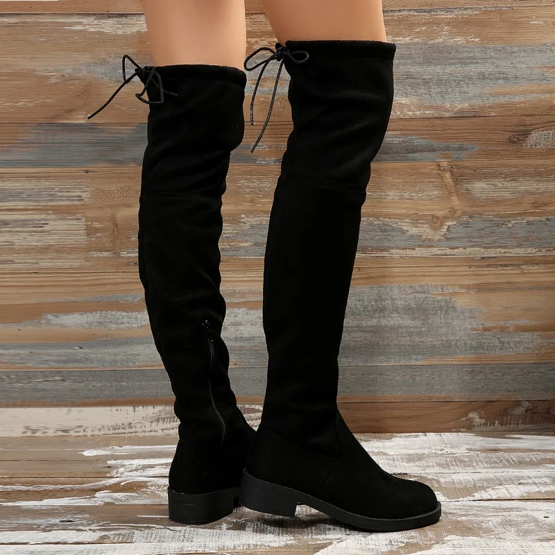 Plus Size Chunky Heel Shoes for Women Autumn Fashion Flock Women's Over The Knee Boots Ladies Stretch Boots Zapatos De Mujer