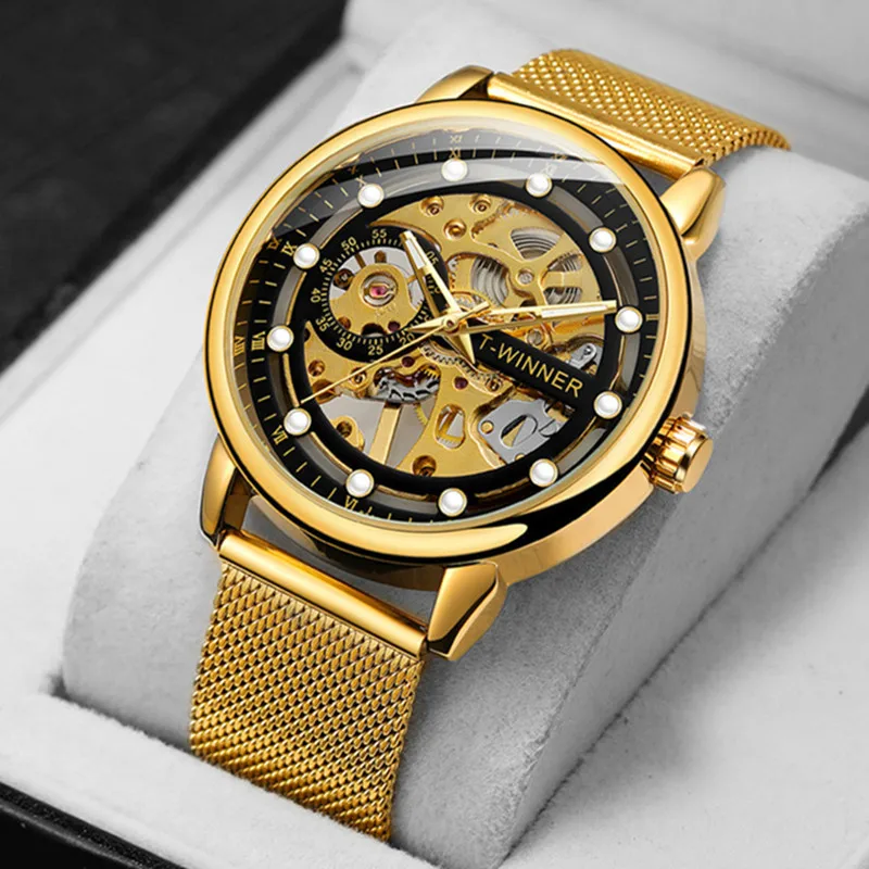 Winner 99A Luxury Tourbillon Skeleton Mechanical Watches Gold Handwinder Men Watch Stainless Steel Strap Hot Sale Hand