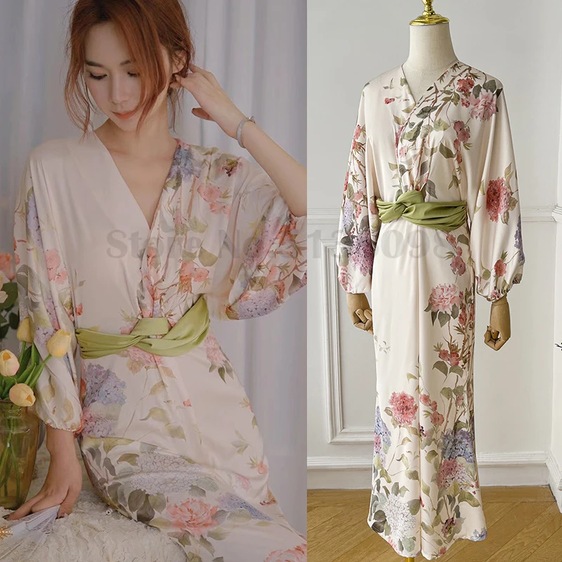 

Bride Morning Robe Retro Printed Nightgown Sexy V-Neck Sleepwear Home Dress Female Long Sleeved Bathrobe Kimono Gown Nightdress