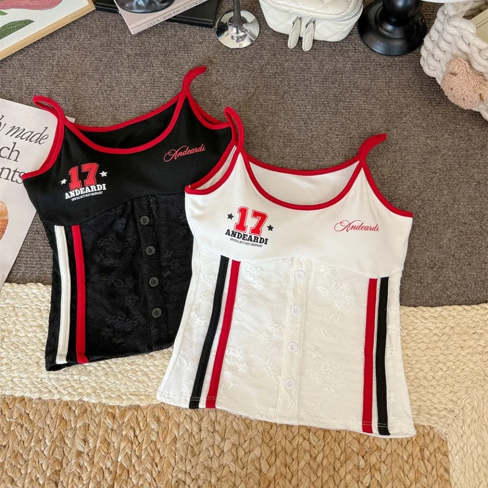 Summer New Style Women's Slim Fit Tank Top with Fixed Strap Chest Pad Color Block Print Fashionable round Neck Short Sleeve