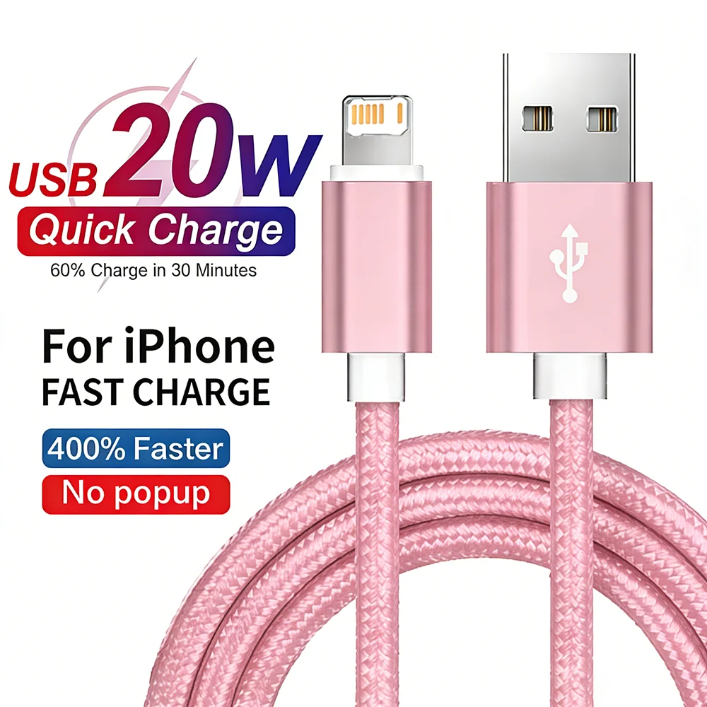 

20W USB Fast Charge Braided Cable For iPhone 11 12 13 14 Pro Max X XR XS Max 7 8 14 Plus Quick Charging Nylon Weaving Data Cable