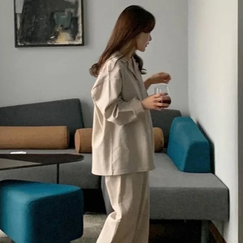 レディースコットンラウンジウェアセット 長袖 ソフトで快適なホームパジャマ服 ルーズフィット カジュアルウェア プラスサイズ デイリーラウンジウェア 1