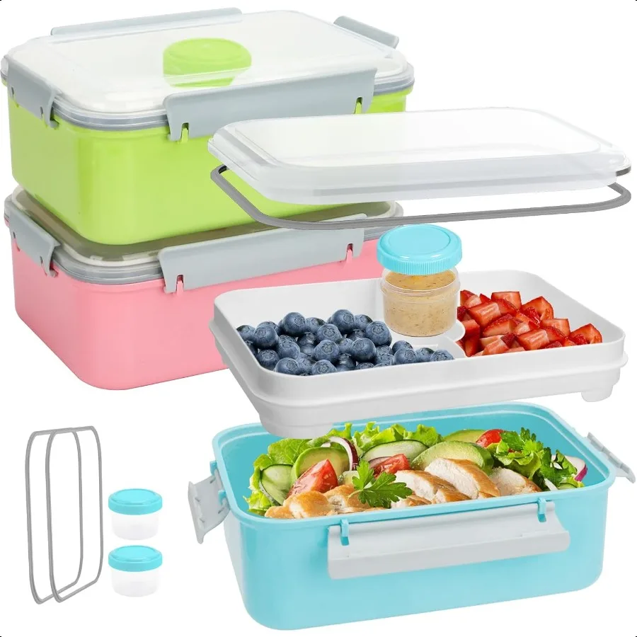 

3 Pack Salad Lunch Box Food Storage Containers 47oz Bento Box To Go Container with Lids Meal Prep Containers with Removable Tra