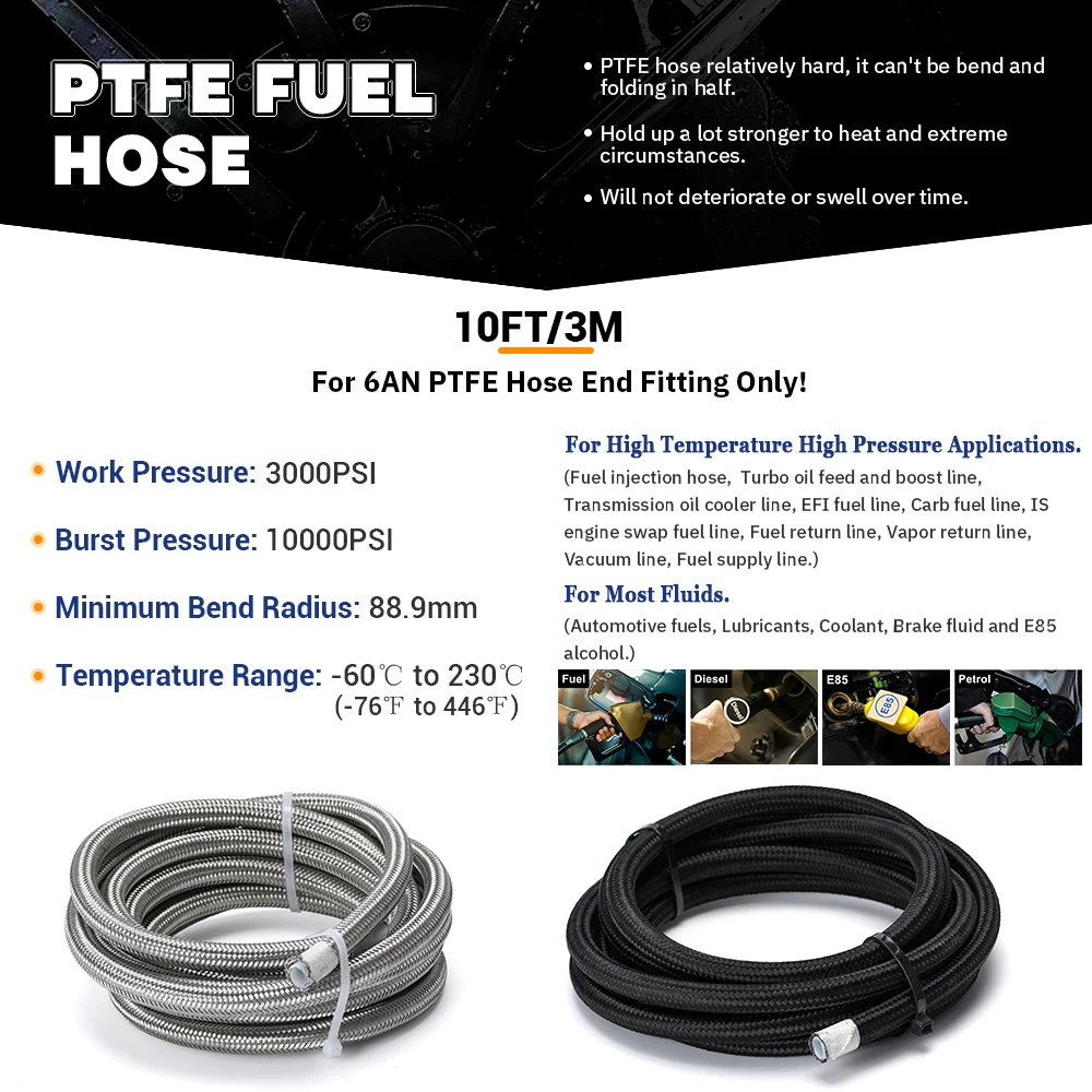 10FT/3Meter 6AN PTFE E85 Stainless Steel Braided Fuel Hose Ethanol Compatible Oil Injection Line Hose ID: 0.315