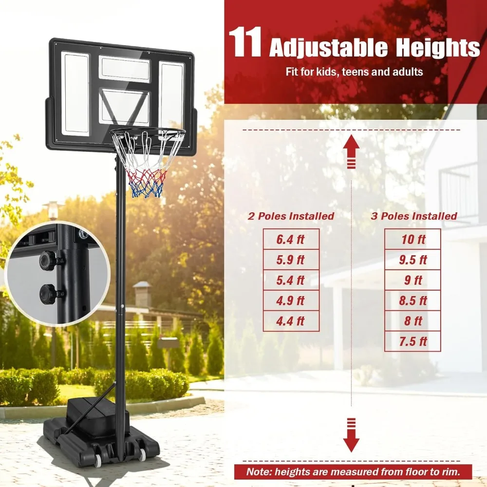 Verstelbaar basketbalringsysteem voor buiten 4,4-10 FT, draagbaar met 44 inch onbreekbaar bord, weerbestendig voor verbeteren