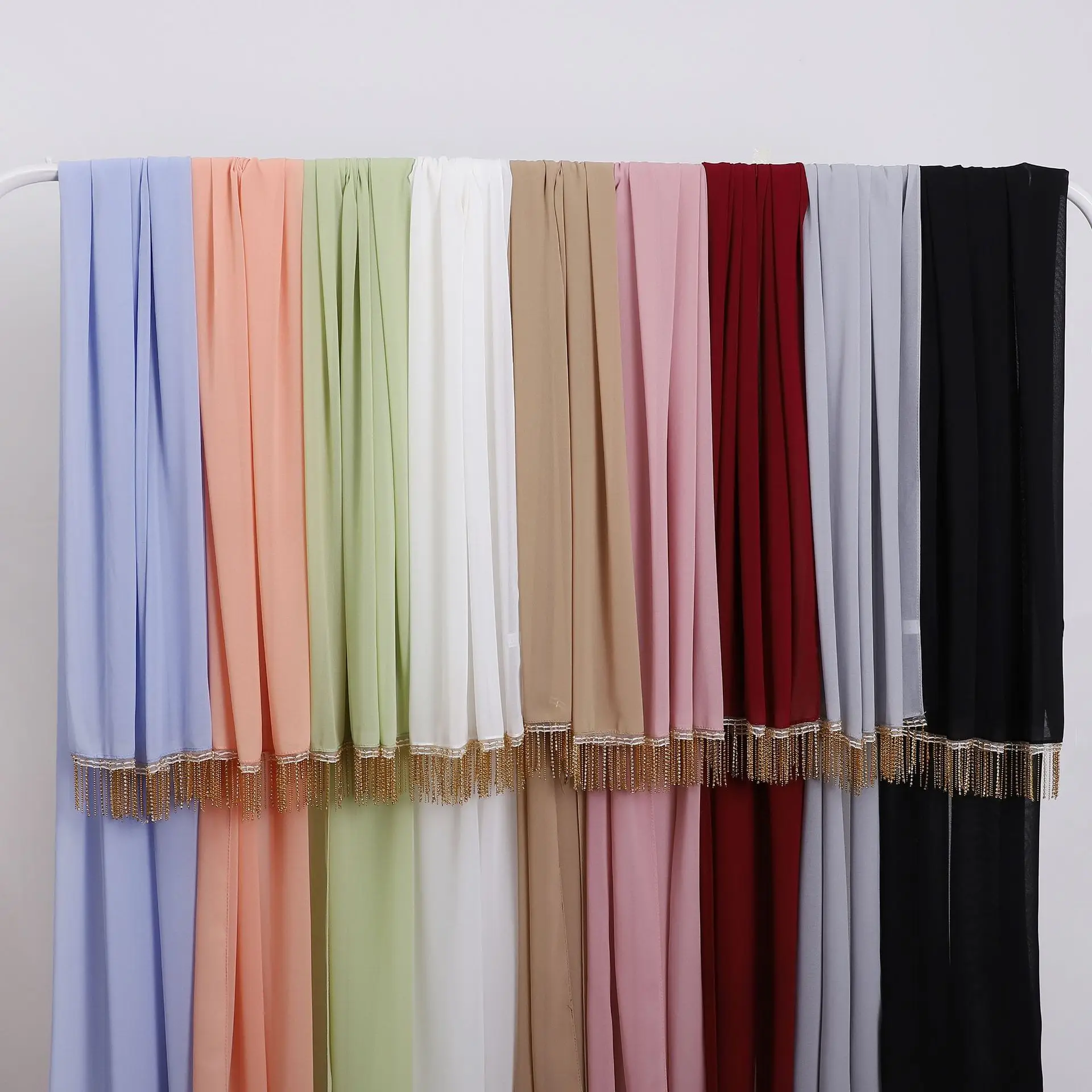 70 * 175cm Pearl Chiffon High-quality Diamond Tassel Long Scarf Muslim Gauze Scarf Middle East Africa Headscarf Hijab