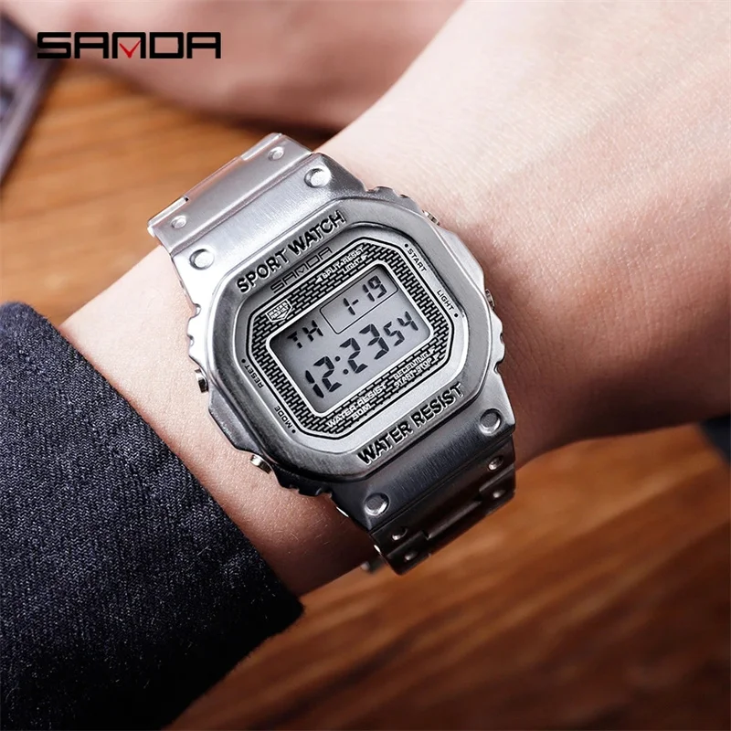 SANDA 390 2023 Hot Sell Digital Watch Luxury Multifunctional Men Clock Large Square Luminous Dial Steel Band Relogio Masculino