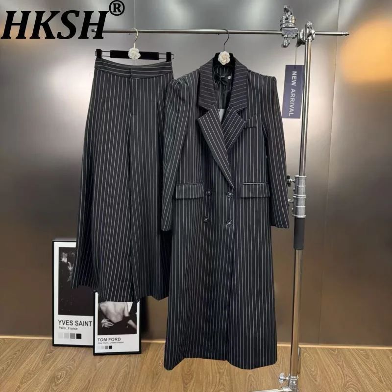 

HKSH Spring Autumn New Women Long Blazer Notched Collar Striped Double Breasted Trench Coat Wide Leg Pants Trendy Casual HK12584