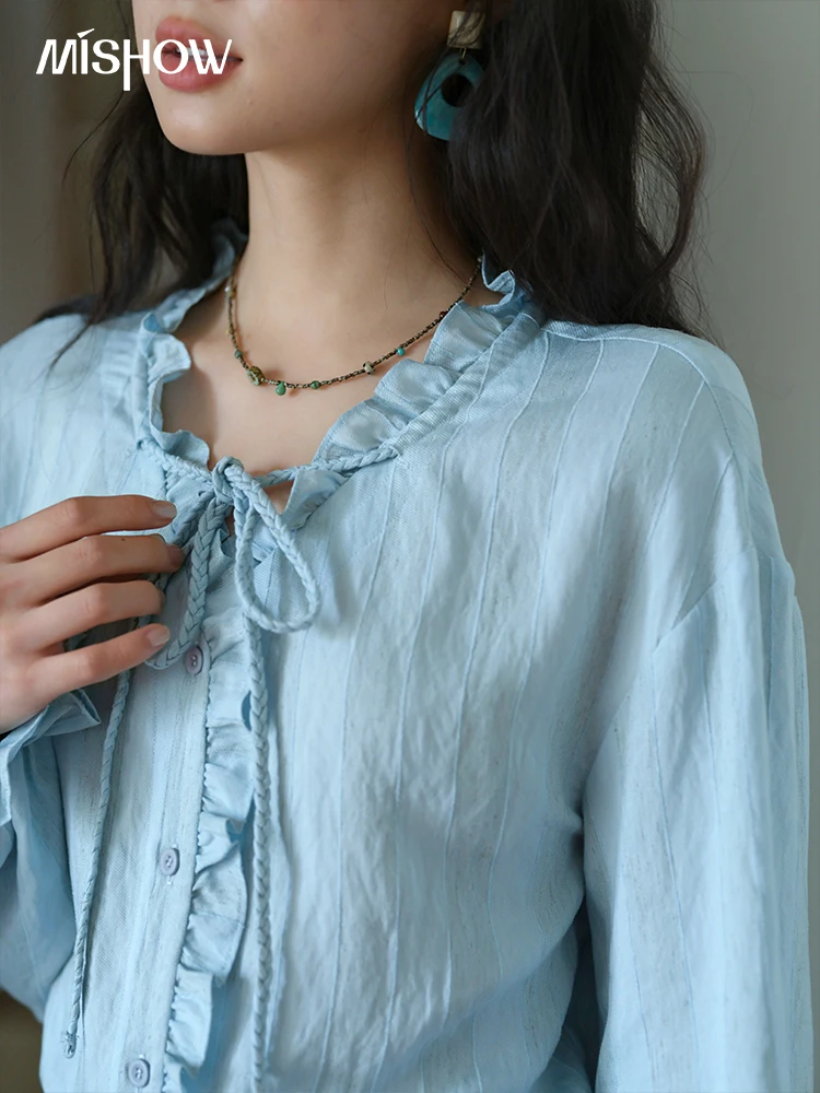 MISHOW Women's Light Blue ลายชุดผ้าลินิน 2025 ฤดูใบไม้ร่วงเชื้อราขอบ V คอ LACE-up เสื้อ Elastic เอวกระโปรง 2 pcs MXE41T0700