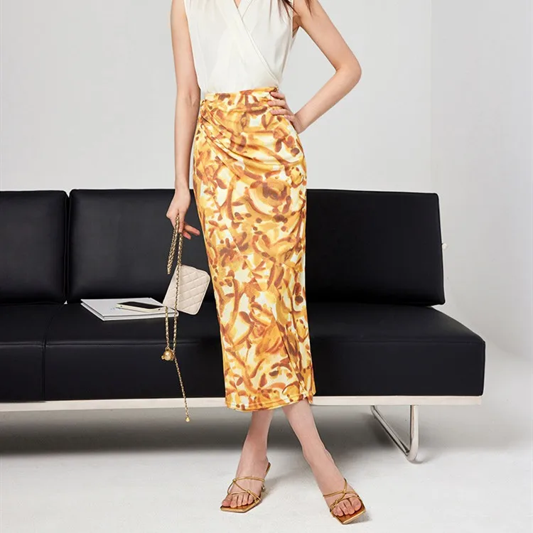 

Women midi skirt Wrapped Pleated Printed High Waist Long Skirt