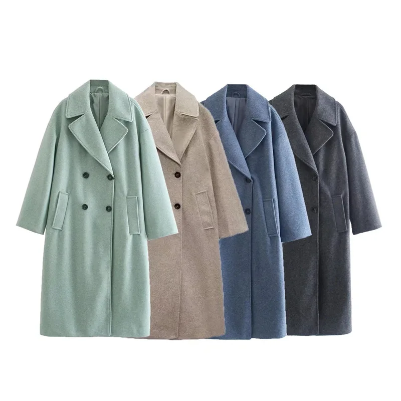 

European and American Autumn and Winter Pure Color Long Sleeved Lapel Loose Double Breasted Long Coat Jacket for Women