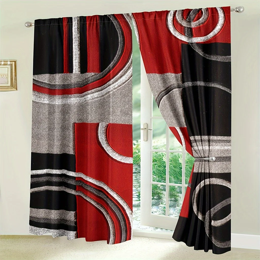 2pcs Plaid Pattern Curtains, Rod Pockets Window Treatment, Suitable For Living Room Bedroom Decor, Red White Grey Black Curtains