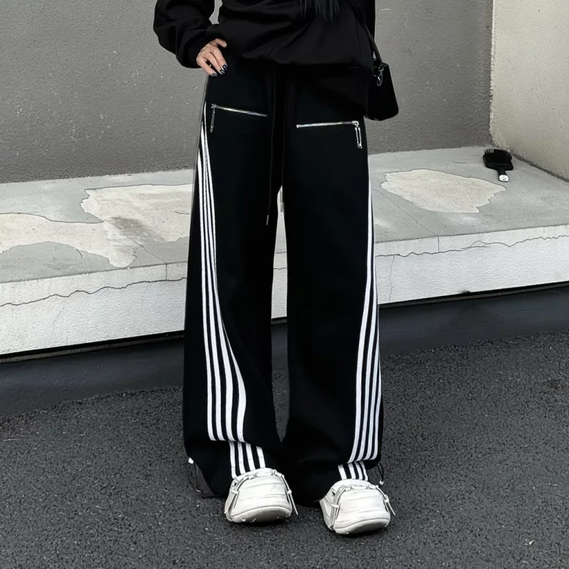 

Spring and Autumn New Black and White Sports Pants Men's and Women's Side Striped Flab Hiding Mid-High Waist Slimming Versatile