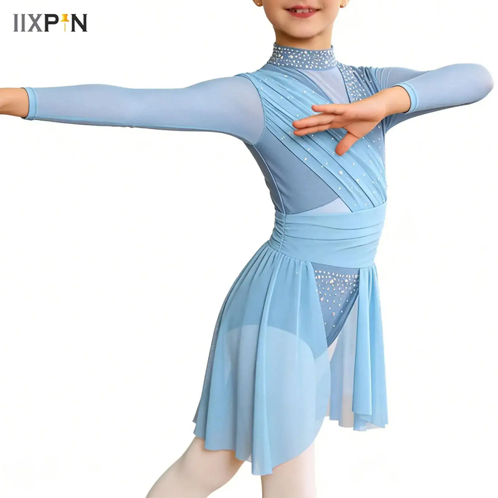 

Big Girls Glittery Modern Dress Long Sleeve Ruched Figure Skating Dress Gymnastics Ballet Lyrical Dance Performance Costume Wear