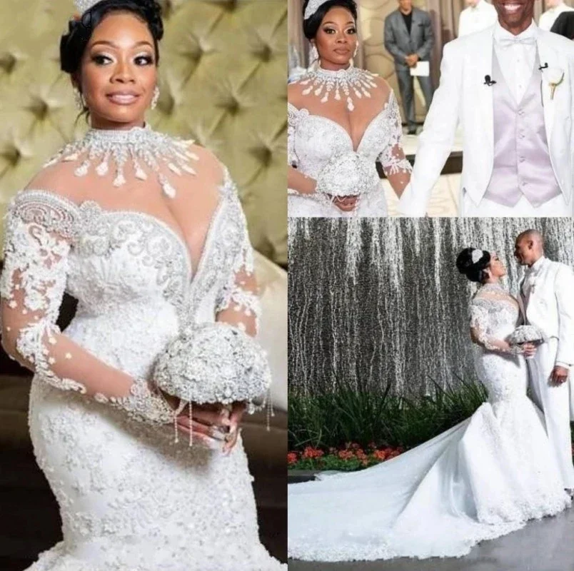 

Customized Mermaid Wedding Dresses African Arabic High Neck Long Sleeve Lace Crystal Court Train Luxury Bridal Gown Mariage 2025