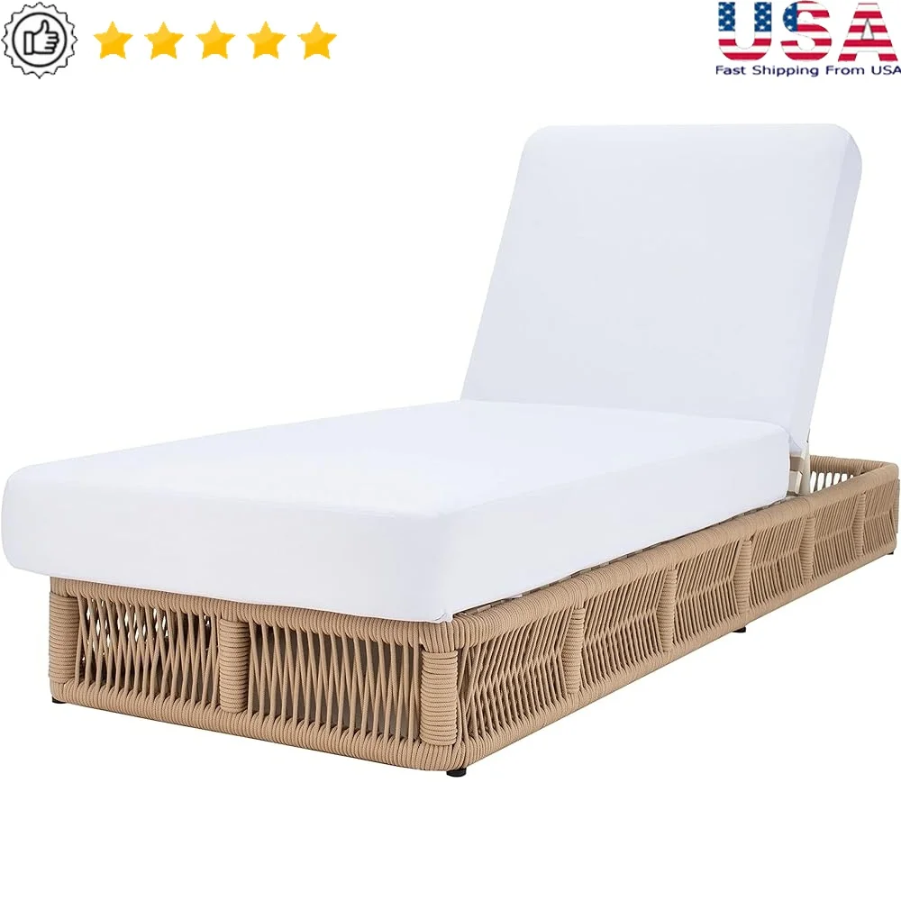 

Outdoor Chaise Lounge Chair Tan Rope White Cushion Stylish Patio Furniture Easy Assembly Perfect Porch Backyard Veranda