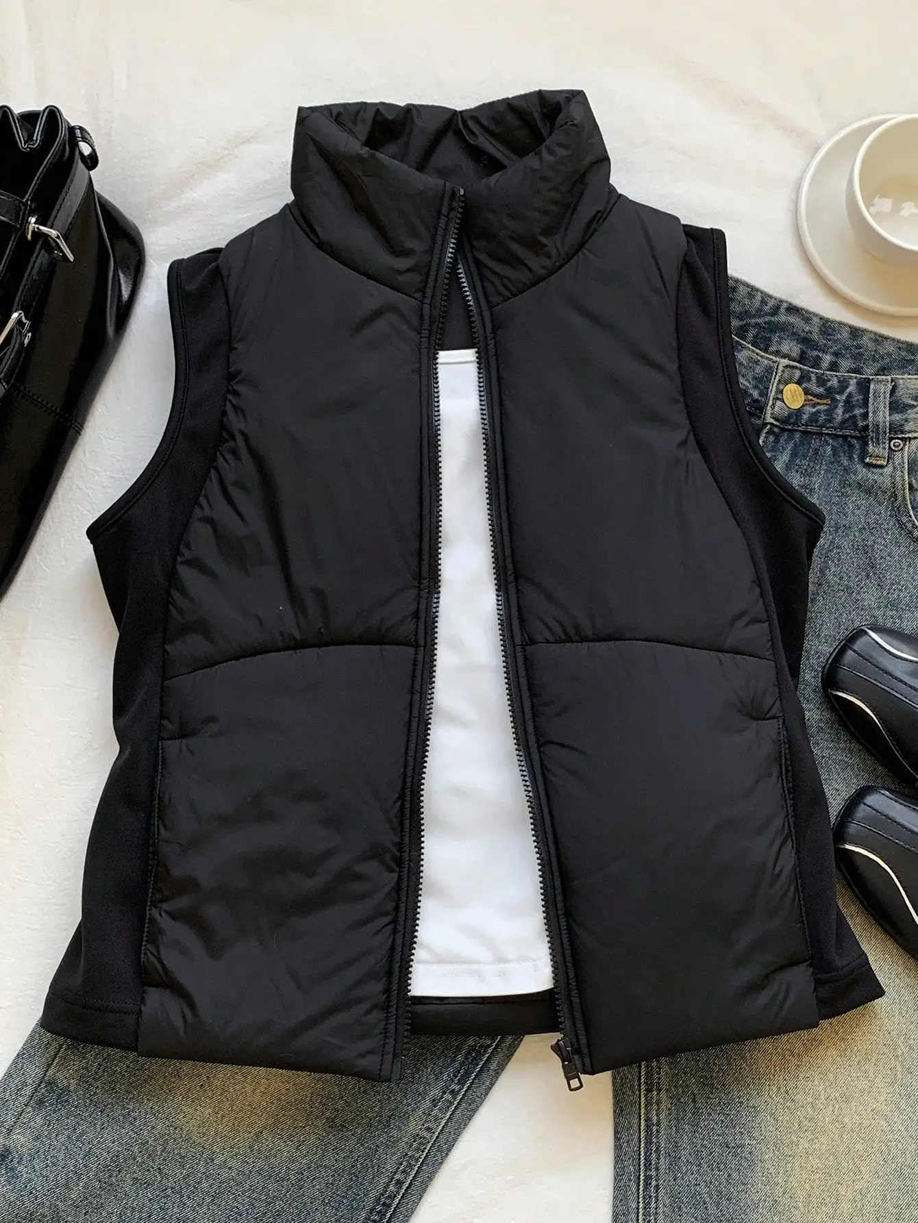 

Women's Black Zip-Up Padded Vest with High Collar, Casual Winter Layering