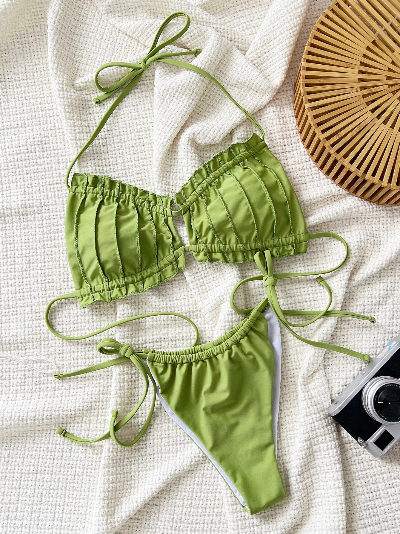 sexy green ruffles halter bikini sets two pieces thong ruched tie high waist thong swimsuit bathing suit swimwear biquini bakini