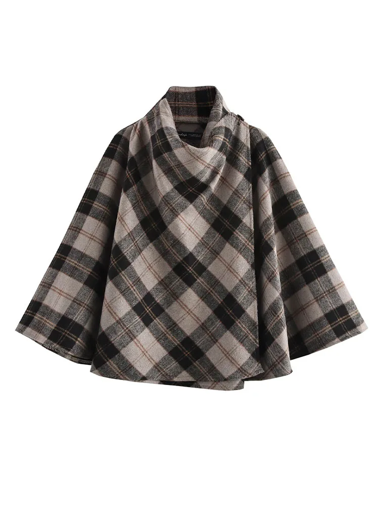 

2025 Spring New Products Retro French High-end High-collar Plaid Loose Casual Simple and Elegant Cape Coat