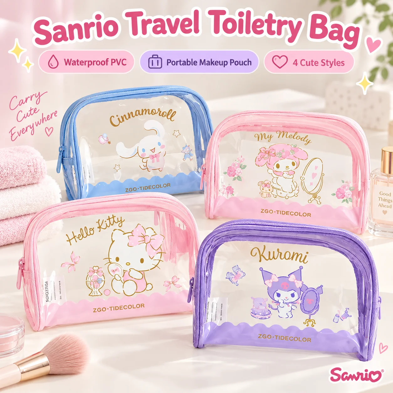 Sanrio Transparent Makeup Bag Waterproof PVC Travel Toiletry Bag Cute Hello Kitty Portable Cosmetic Pouch Makeup Organizer