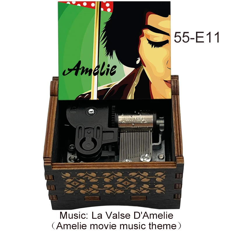 France Amelie Movie Black Wooden Music Box, Mechanical Color Print Kids Birthday Gift Lovely Christmas Decoration