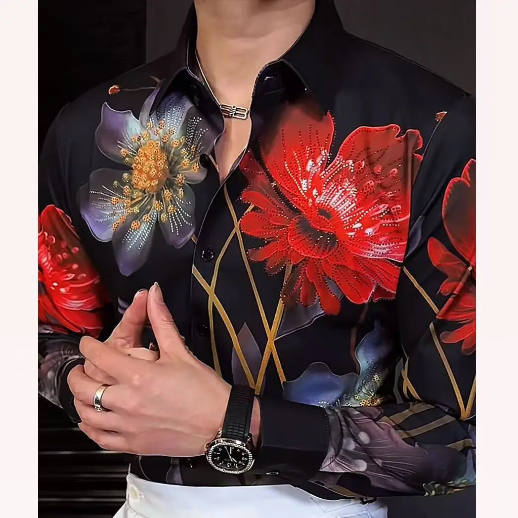 

Spring Summer New Retro Men's Long Sve Printed irt Slim Fit Faion Trendy High End Top Diamond Heat Transfer Design