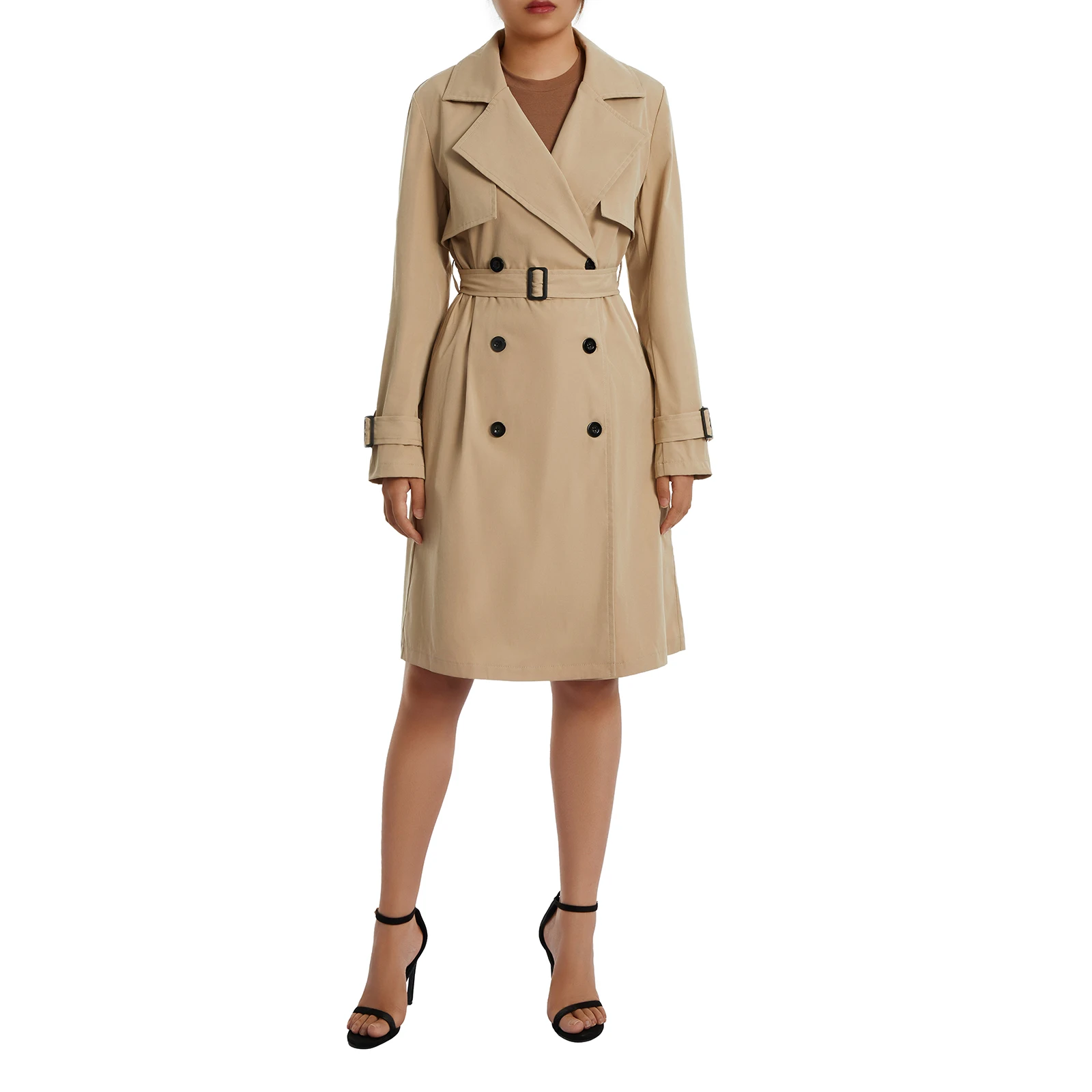 Fashion Women Casual Solid Color Coat Adults Autumn Elagant Long Sleeve Lapel Neck Double Breasted Belted Trench Coat