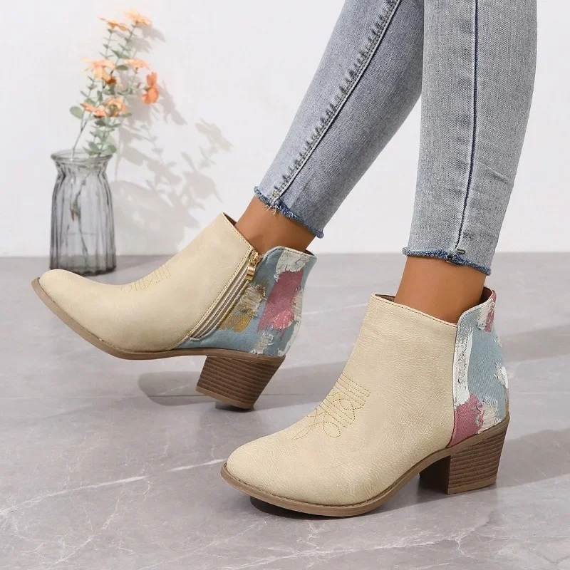 Ladies Shoes on Sale 2023 New Side Zipp Women\'s Boots Fashion Color Matching Modern Boots Women Sexy Pointed Toe Ankle Boots