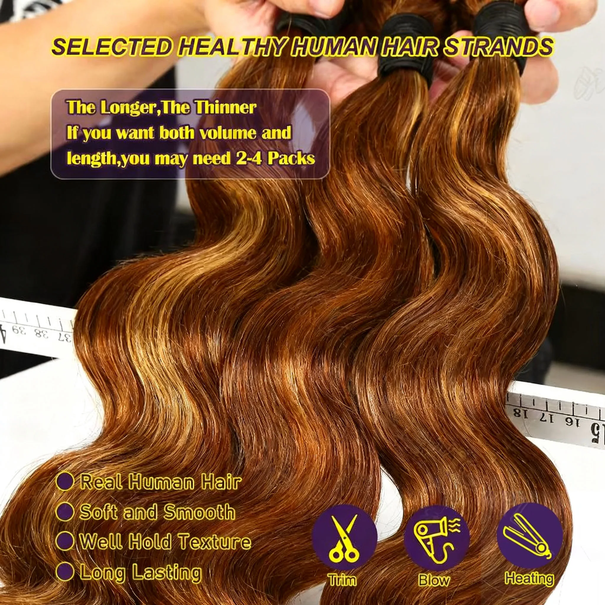 

Выделите пучки объемных волн, 100% окрашенные человеческие волосы # 4/27 Перуанский Remy 28 30-дюймовый комплект натурального переплетения с двойным утком