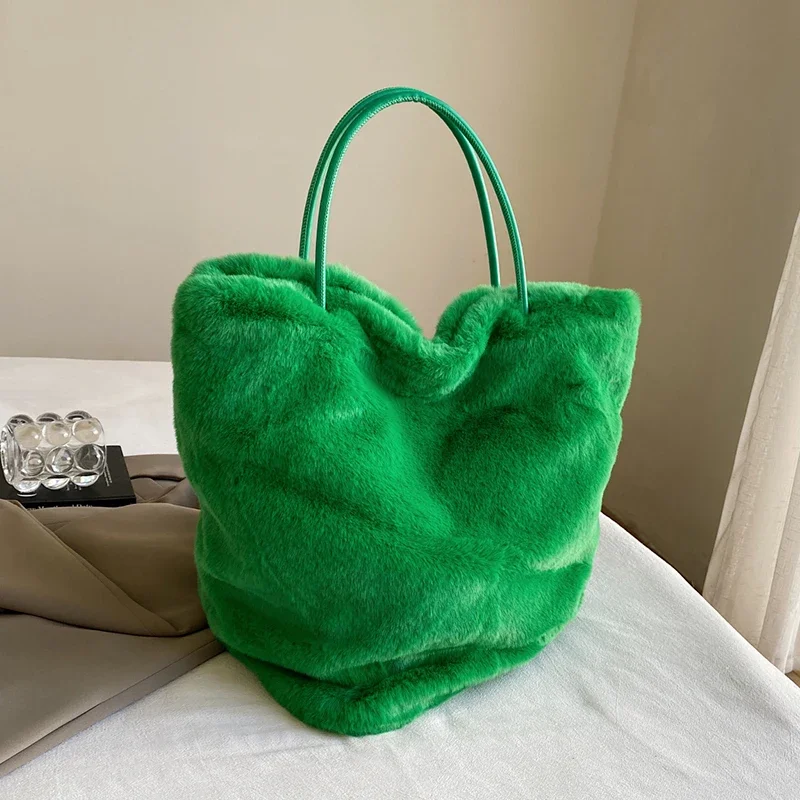 Bottom Triangle Design Faux Fur Shoulder Bag Green Fluffy Plush Women's Bag High Capacity Top Handle Tote Branded Bucket Handbag