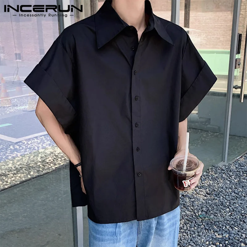 Incerun Tops 2024 koreanischen Stil Männer solide große Manschette Design Shirts lässig einfache Sommer solide lose kurz ärmel ige Bluse S-5XL