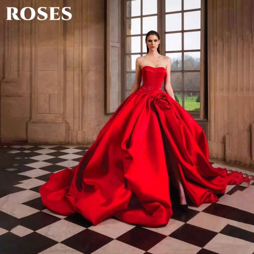 

ROSES Red Elegant Prom Gown Strapless Backless Special Dresses Satin 3D-Flowers Split Party Dresses вечернее платье Customized