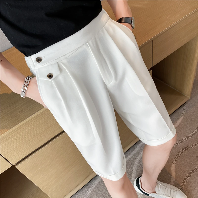 2024 Summer New Elastic Waist Knee Length Business Formal Wear Straight Shorts Men Clothing Simple Slim Fit Casual Short Homme