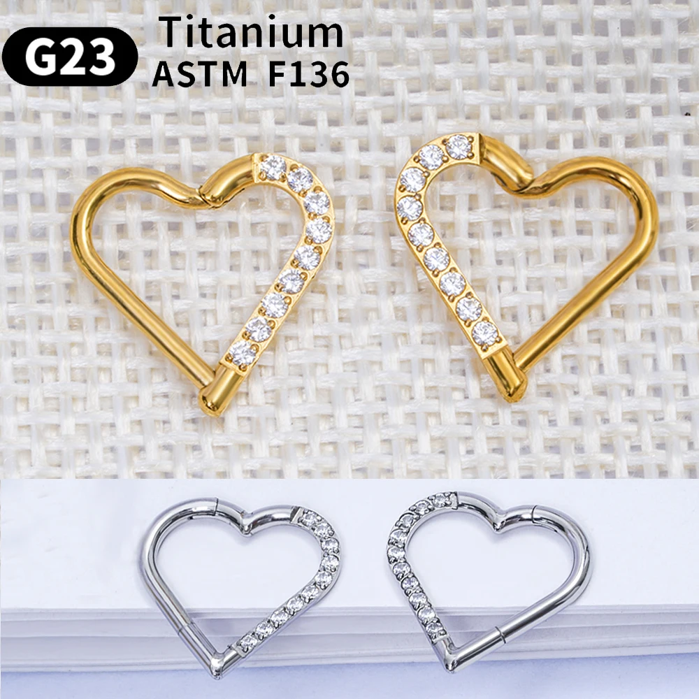 2PCS G23 Titanium Heart earring Piercing Jewelry Left/Right Heart Zircon Nose Ring Heart-shaped Circle Ear earrings womenm