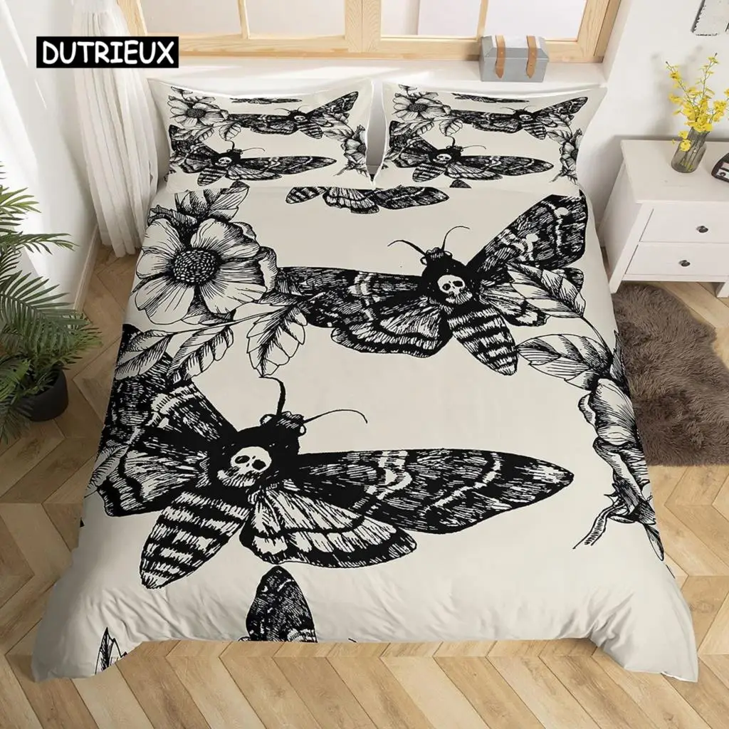 Skull Comforter Cover Set Twin Size Moth Printed Gothic Style Duvet Cover,Sugar Skull Pattern Botanical Floral Decor Bedding Set