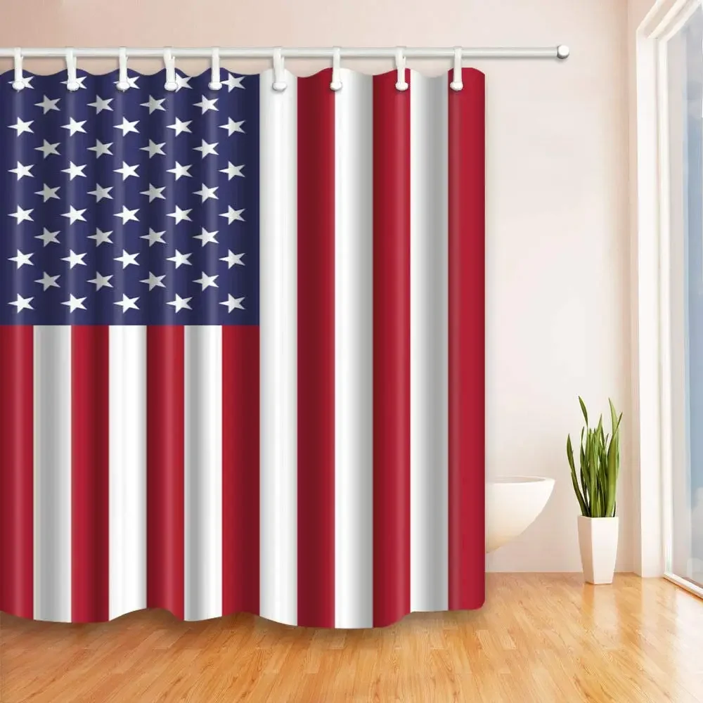 American Flag Shower Curtain with Hooks, USA Themed Art Print, Painted on Wooden Planks, Bathroom Decor,  Decor