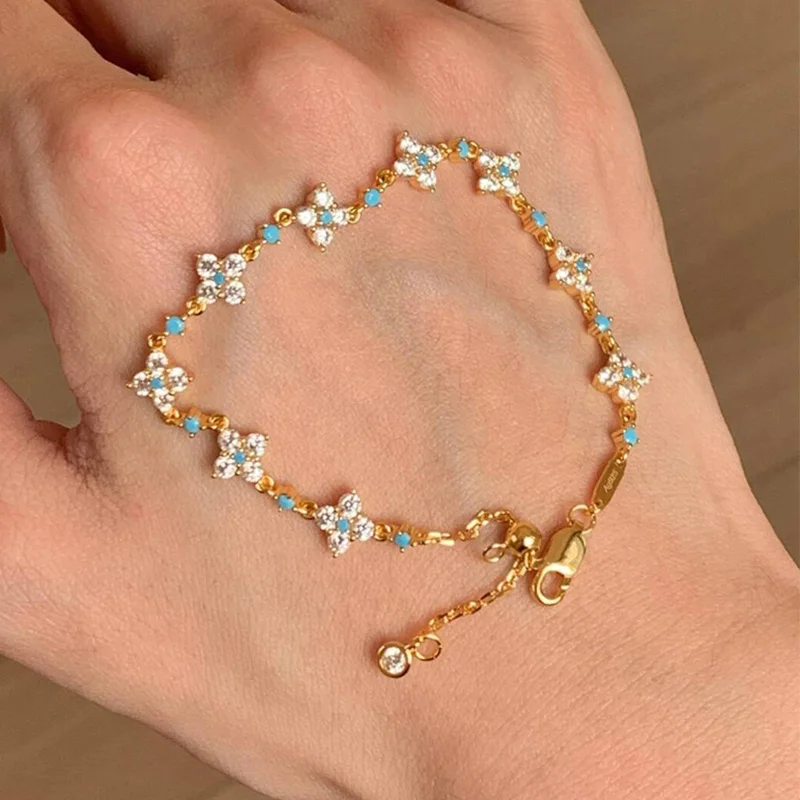 Versilbertes Vierblättriges Kleeblatt-Armband mit Türkis und Klarem Zirkon, Verstellbare Kette, Eleganter Alltagsschmuck für Damen, Geschenk – Detail 4