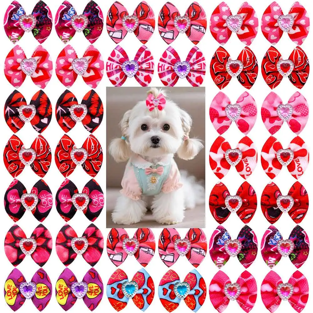 60PCS Valentine's Day Dog Bows Rubber Bands Pink Style Puppy Bows Handmade Diamonds Pet Hair Accessories For Dogs Wholesale
