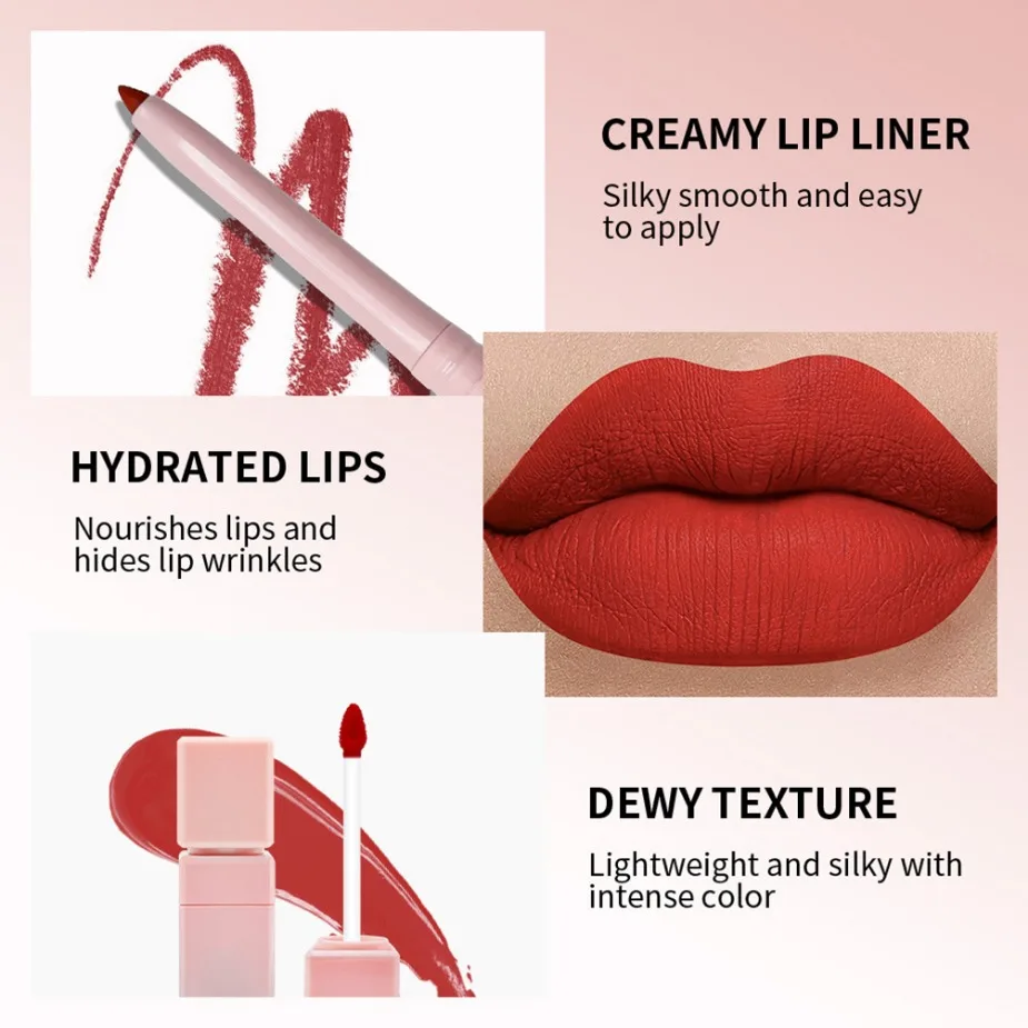 Etichetta privata Logo personalizzato Trucco all'ingrosso vegano Rossetto opaco impermeabile a prova di sbavature Set di matite per labbra Lucidalabbra a lunga durata