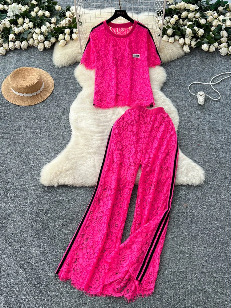 

Faionable Lace ort Sve High Waist Wide Leg Pants Two Piece Set Women's Summer Slimming Hook Flower Embroidery Ensemble