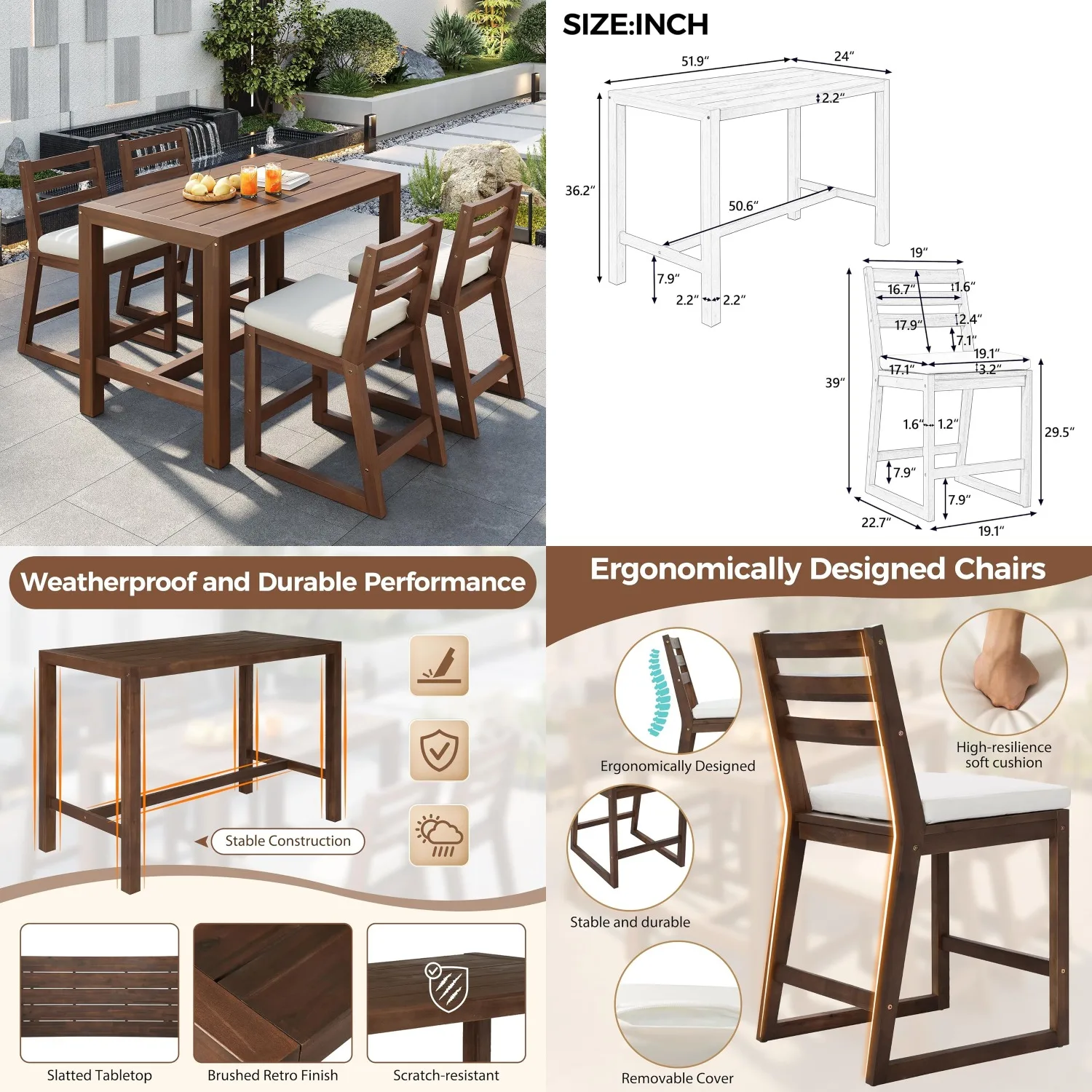 

5pc Acacia Wood Patio Dining Set All-Weather Large Table & 4 Chairs Lawn Garden Poolside, Customized