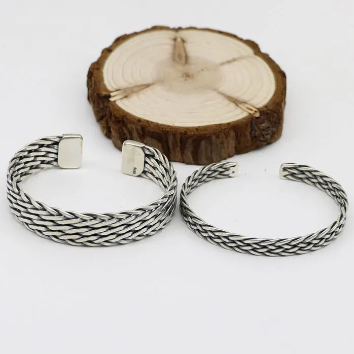 

Thailand Chiang Mai Fashion Jewelry Thai Silver Bracelet Men's Wide Face Bracelet Women's Simple Retro Pattern Woven Sterling Si