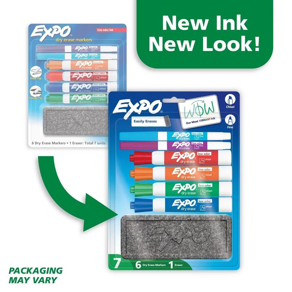Juego de marcadores de borrado en seco con borrador, 7 marcadores de pizarra blanca de bajo olor, tinta vibratoria para el hogar, oficina, aula, uso multisuperficie